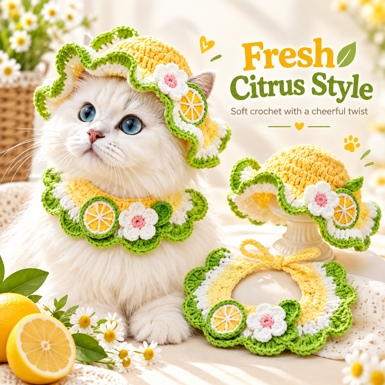 Dimensional crochet flower, fruit accents and scalloped edges