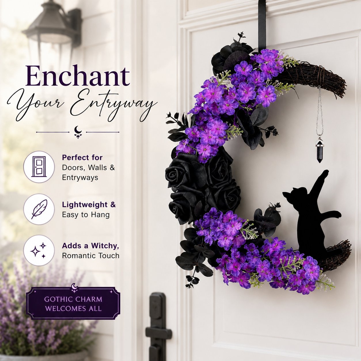 Halloween crescent moon cat wreath gift for gothic decor lovers and cat lovers