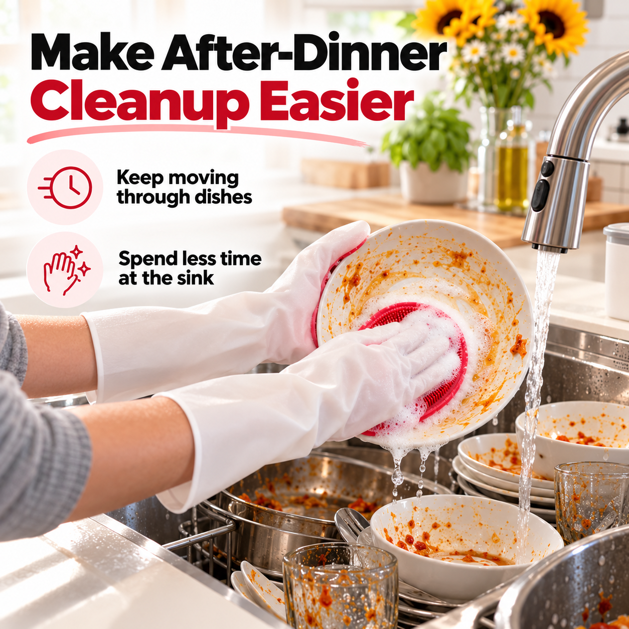 Wearing dishwashing gloves to clean a greasy plate after a meal
