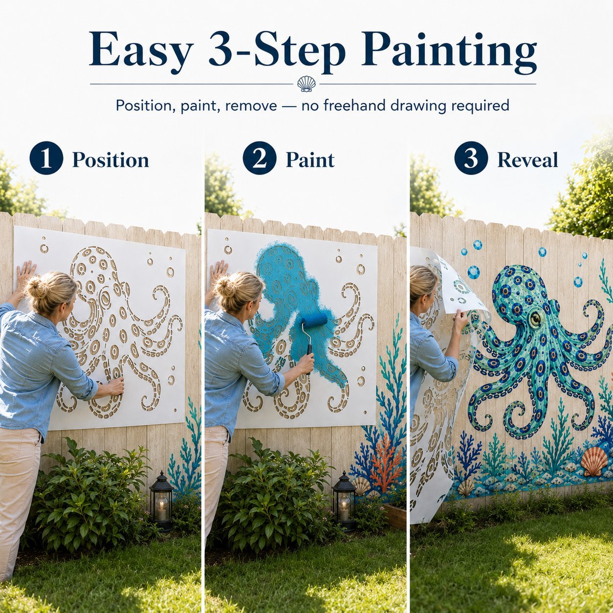 Reusable Ocean Octopus Mural Stencil Set | Bring Plain Walls & Fences to Life with a Bold Underwater Scene