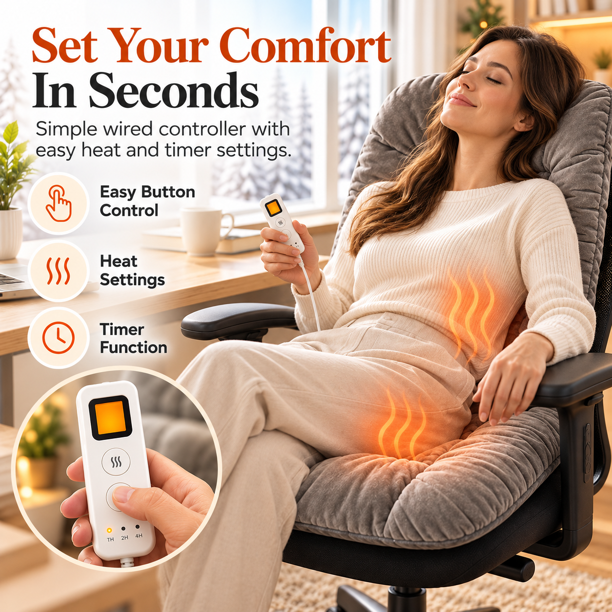 Hand holding the wired remote controller for a heated quilted office chair cushion with heating and timer controls