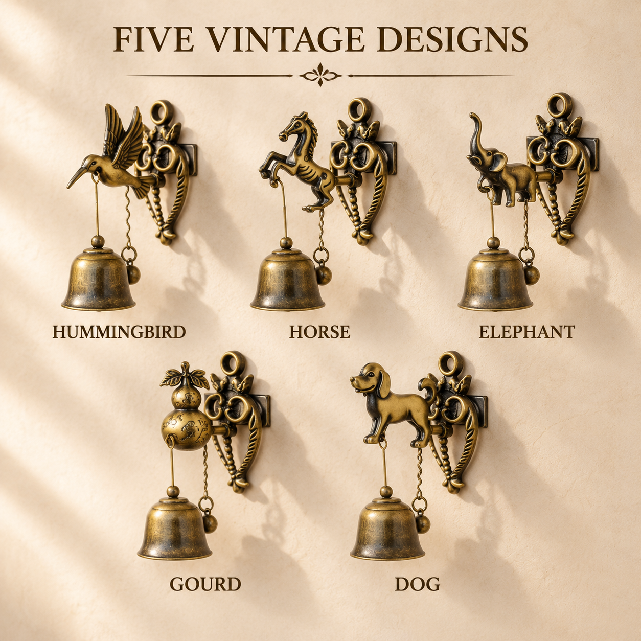 Five animal-inspired vintage wall bell designs including hummingbird, horse, elephant, gourd and dog