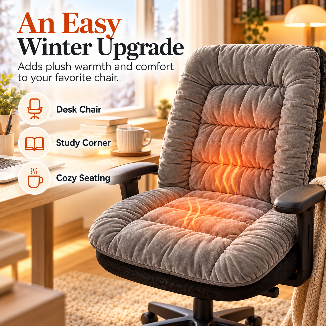 Gray plush heated chair cushion styled in a warm home office with a desk and cozy winter decor