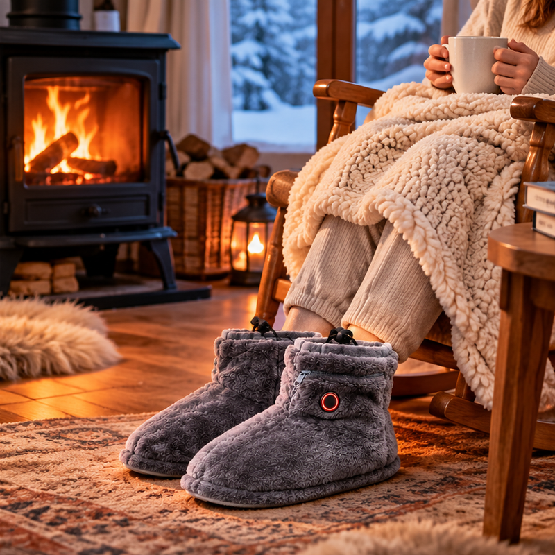 Same fireside scene wearing heated plush slipper boots