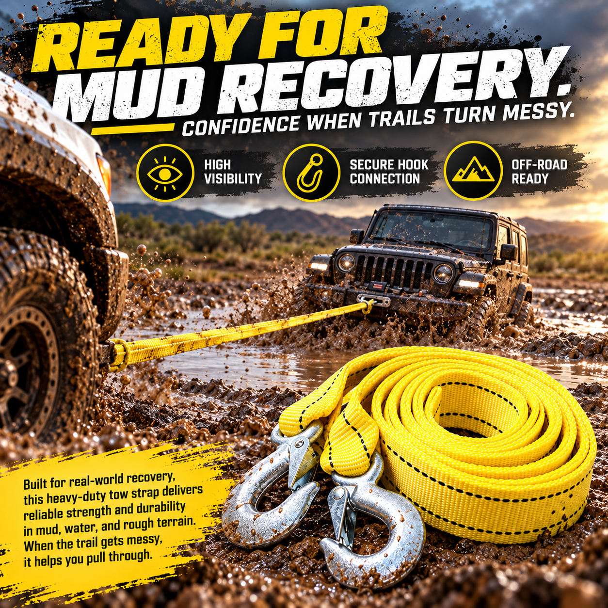 Yellow recovery strap illustrated during an off-road muddy vehicle recovery scenario
