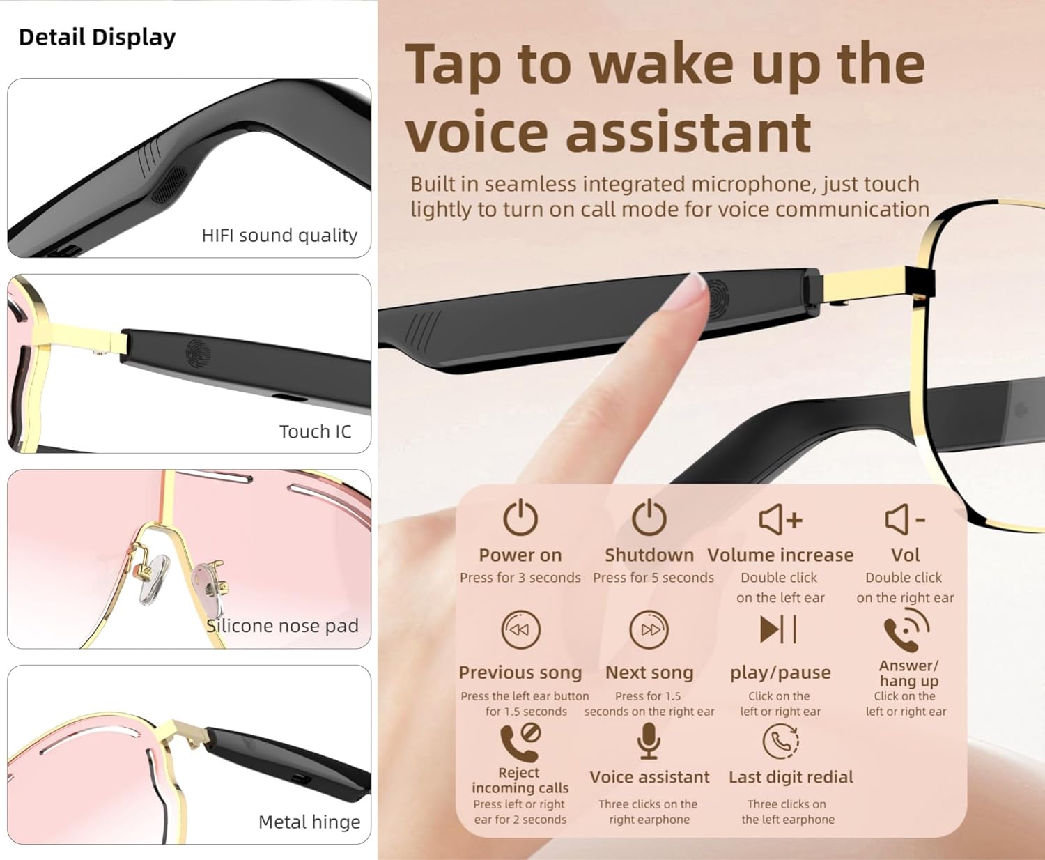 Smart Bluetooth 5.4 Sunglasses with Open-Ear Audio Blue Light Blocking UV Protection Waterproof