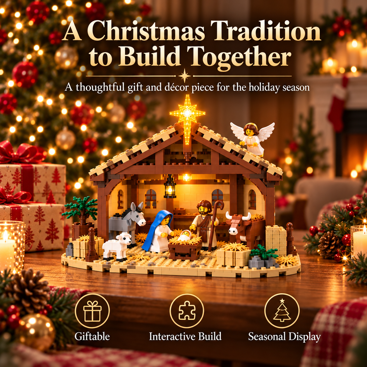 Completed nativity building set on a Christmas table