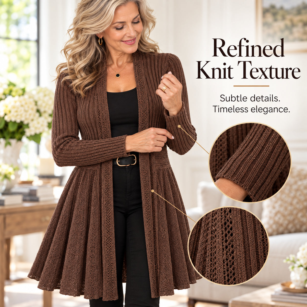 Elegant ribbed knit texture and delicate openwork details
