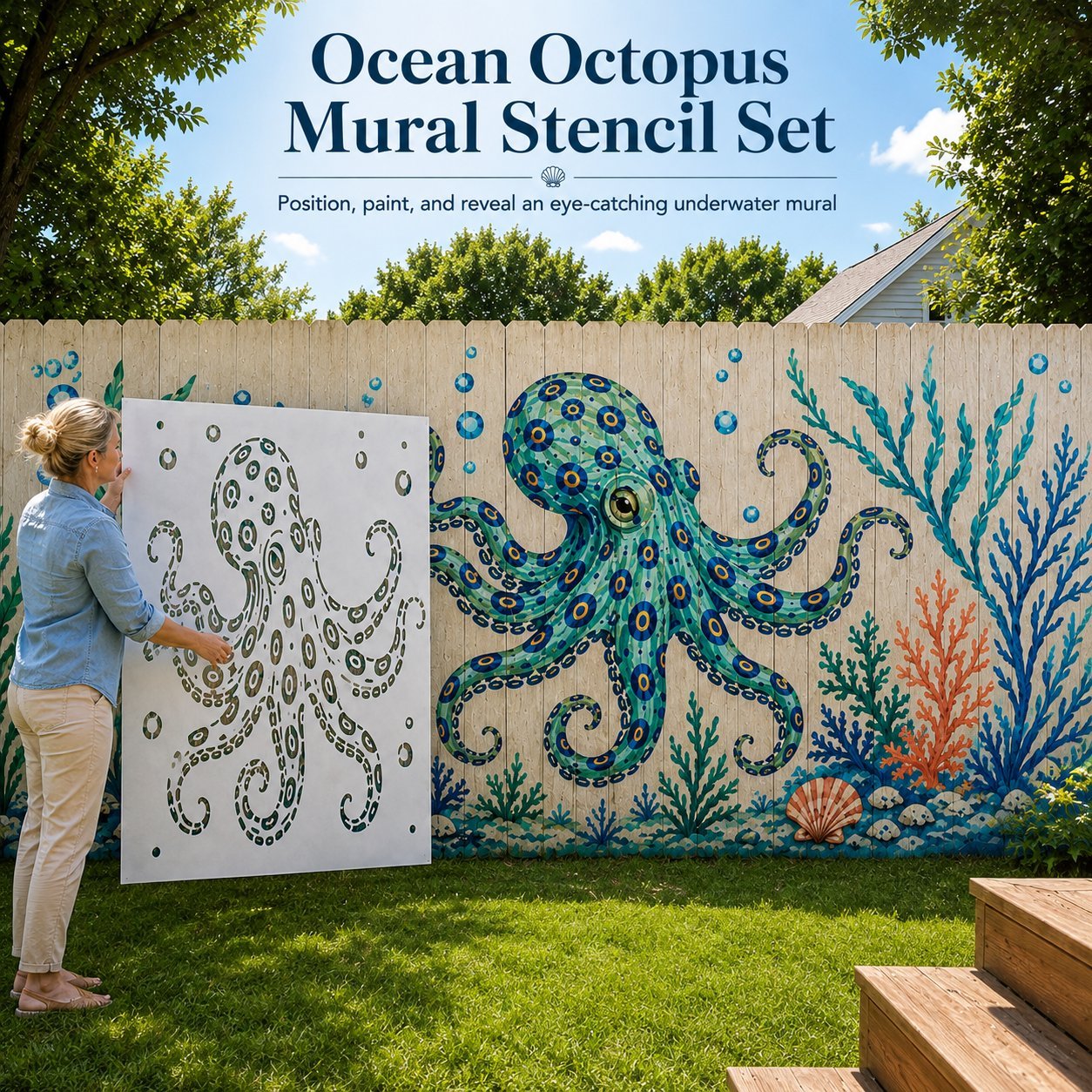 Reusable Ocean Octopus Mural Stencil Set | Bring Plain Walls & Fences to Life with a Bold Underwater Scene