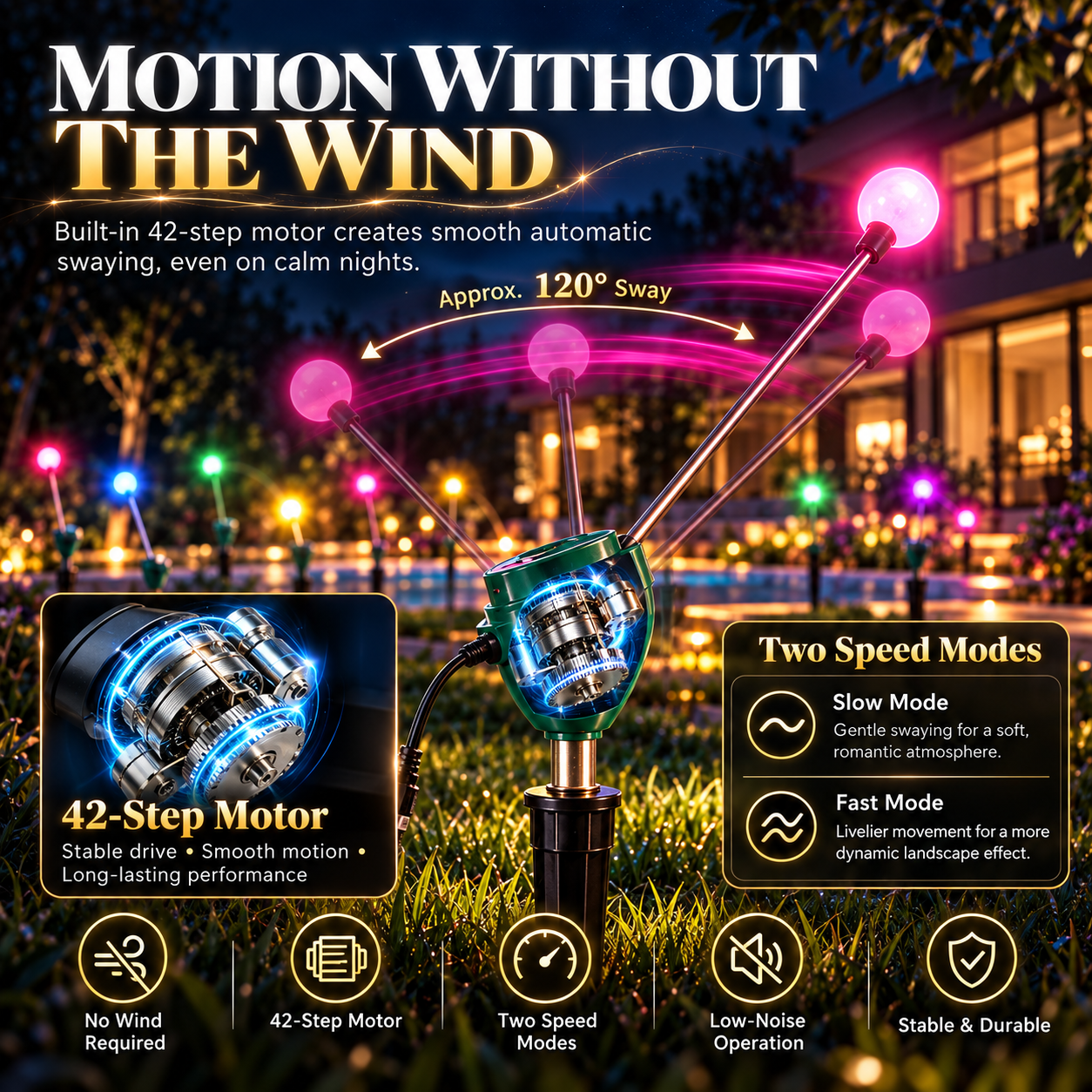 Built-in motor and swaying movement of kinetic garden light