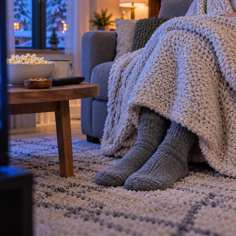 Cold feet in socks while relaxing during movie night