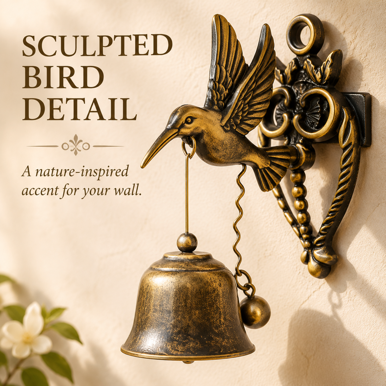 Detailed sculpted hummingbird ornament integrated into a vintage wall bell bracket