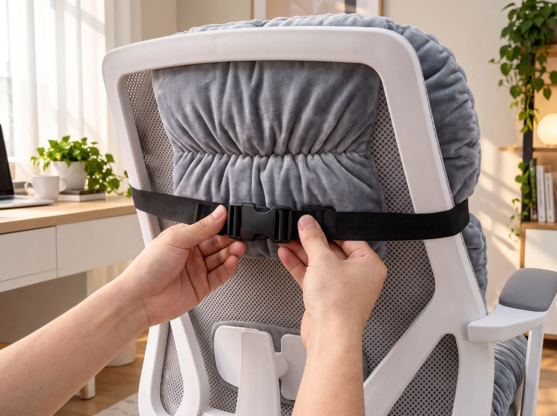 Hands fastening the cushion strap around the back of an office chair