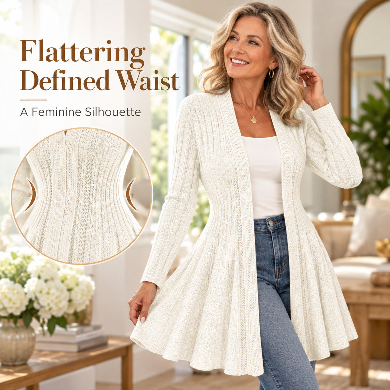 Graceful flared hem of women's knit cardigan