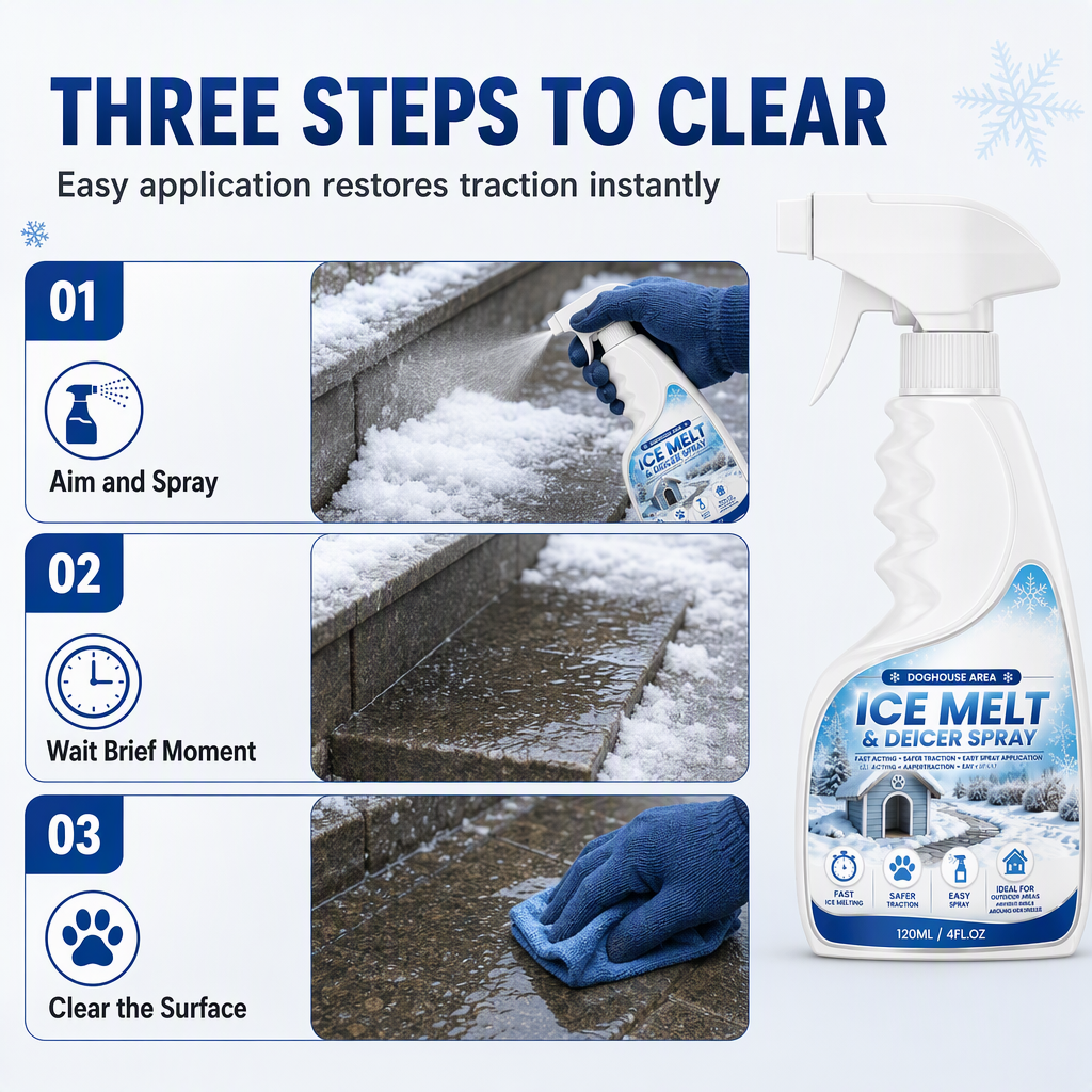 Three step application guide for outdoor frost removal spray