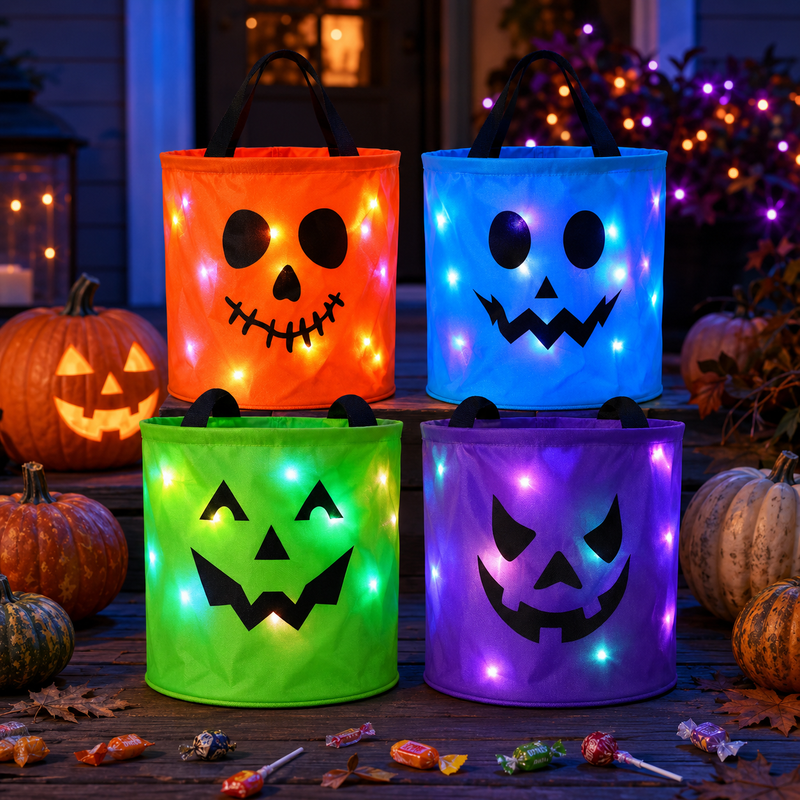 Four colorful Elvogoods LED Halloween trick-or-treat bags glowing on a decorated porch