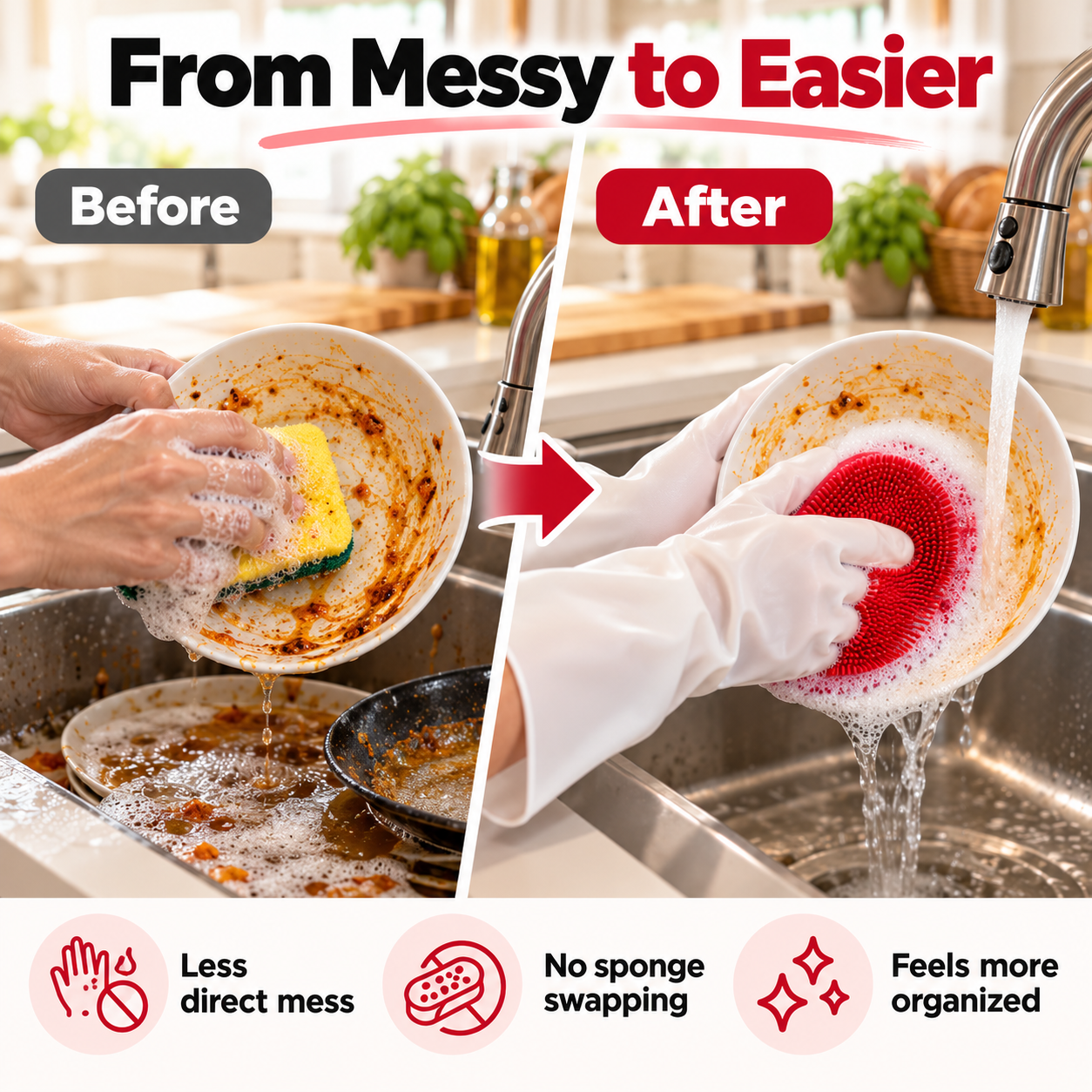 Comparison of washing a greasy dish with a traditional sponge and with a built-in scrubber glove