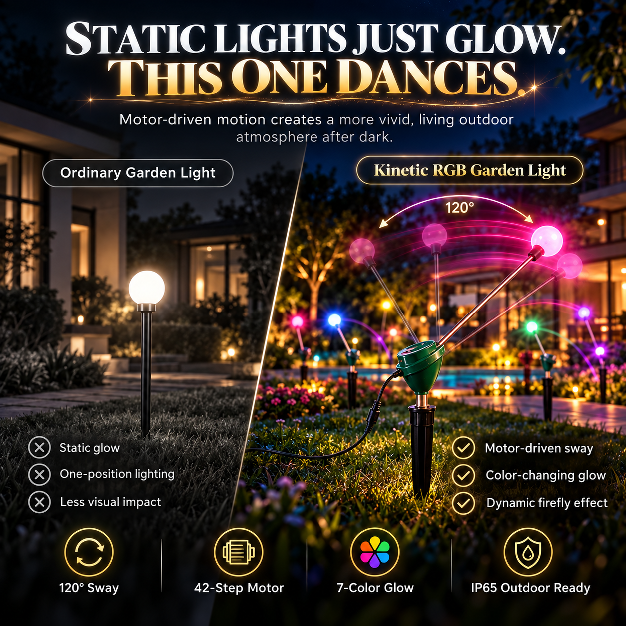 Dynamic swaying garden light compared with ordinary static outdoor lighting