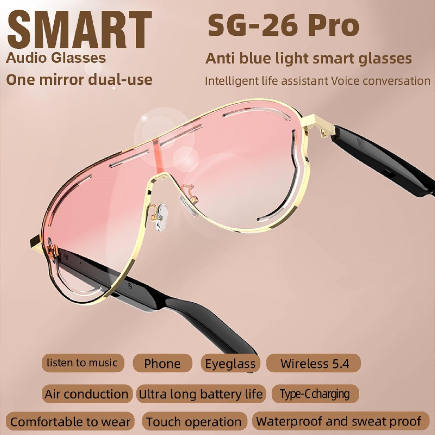 Smart Bluetooth 5.4 Sunglasses with Open-Ear Audio Blue Light Blocking UV Protection Waterproof