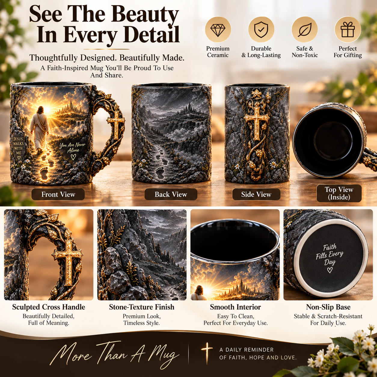 Front, back, side, top and detailed views of the Jesus Walks With Me mug