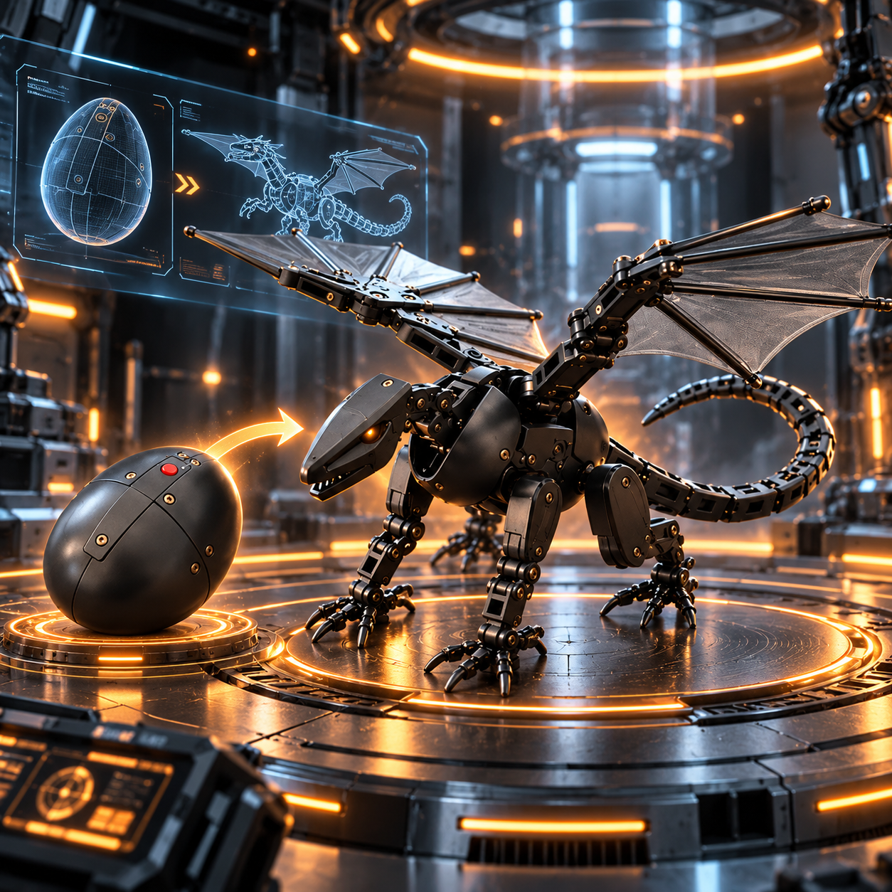 Black mechanical dragon and egg in a stylized futuristic scene