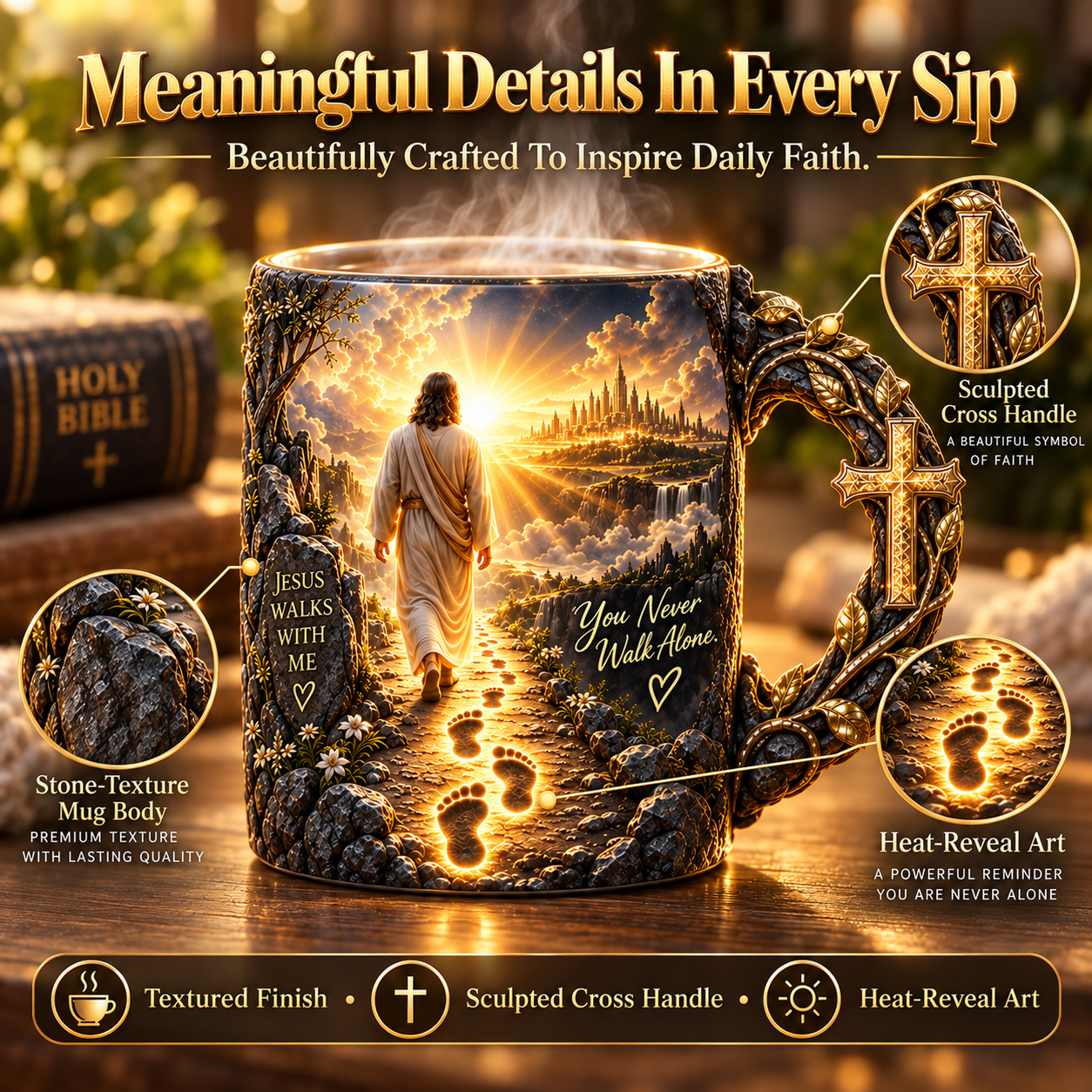 Close-up of the Jesus faith mug artwork, decorative handle and textured appearance