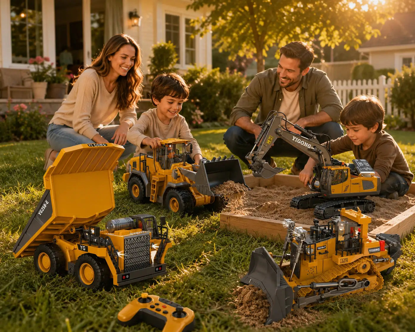 Family playing with RC construction vehicles