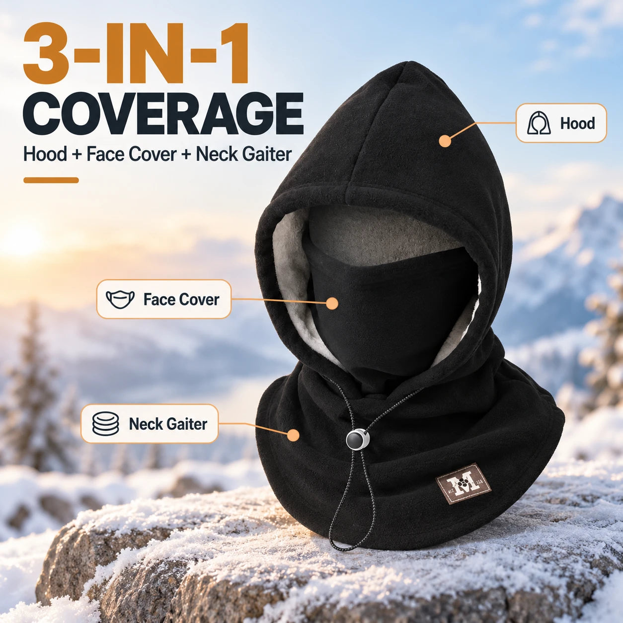Fleece hood with integrated face cover and neck gaiter worn as one piece