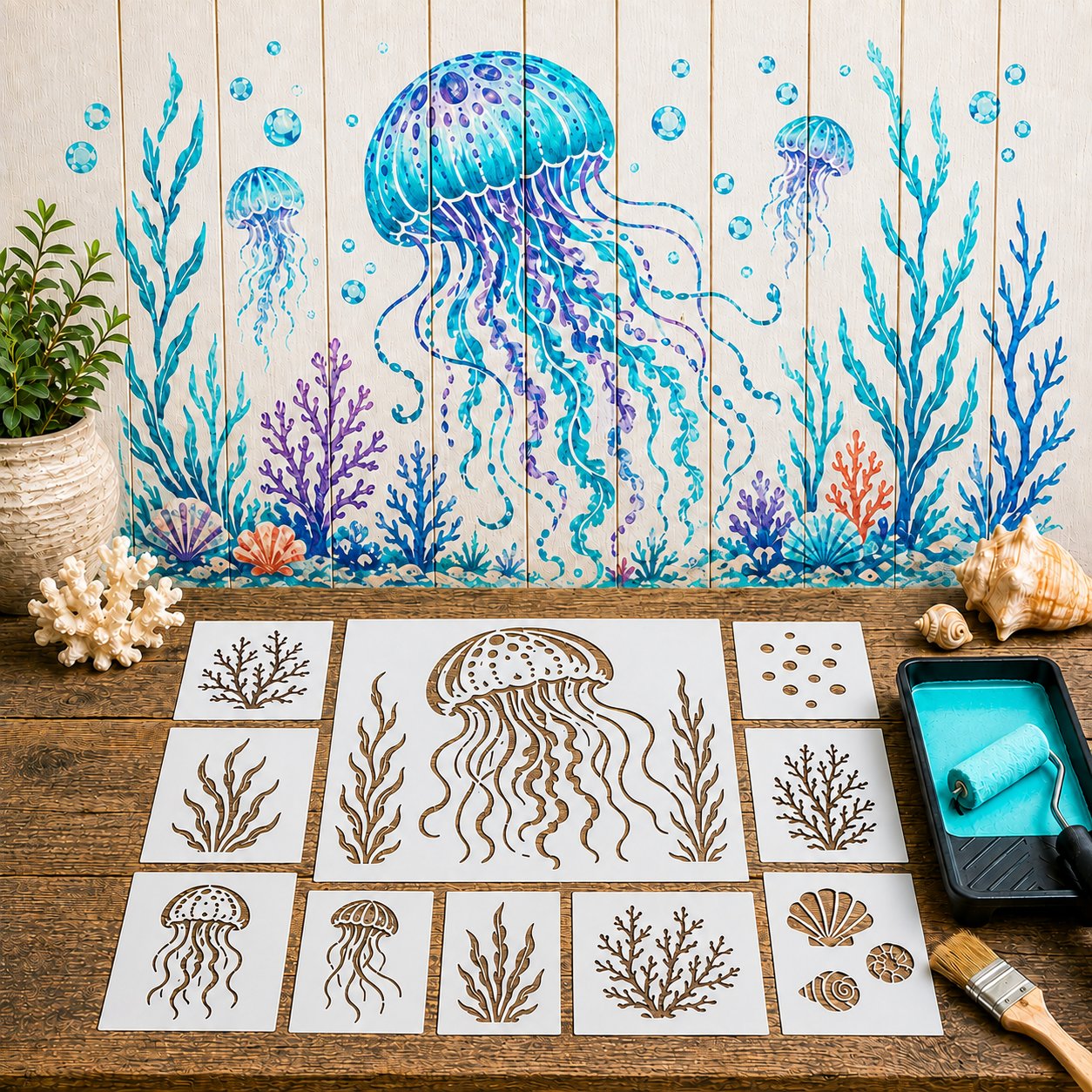 Reusable Ocean Octopus Mural Stencil Set | Bring Plain Walls & Fences to Life with a Bold Underwater Scene