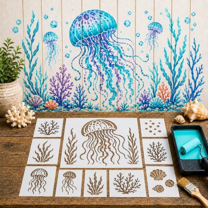 Reusable Ocean Octopus Mural Stencil Set | Bring Plain Walls & Fences to Life with a Bold Underwater Scene