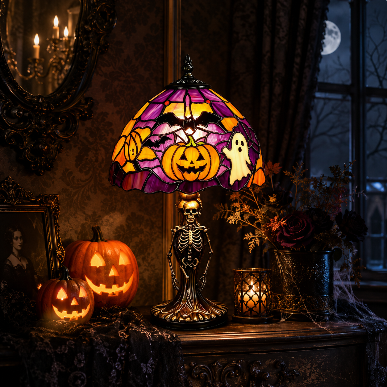 Spooky Glow Tiffany Lamp Pumpkin Ghost Bat Halloween Desk Light