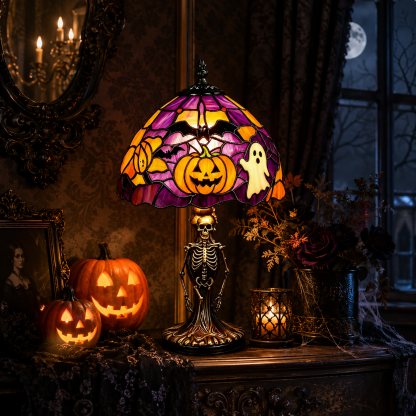 Spooky Glow Tiffany Lamp Pumpkin Ghost Bat Halloween Desk Light