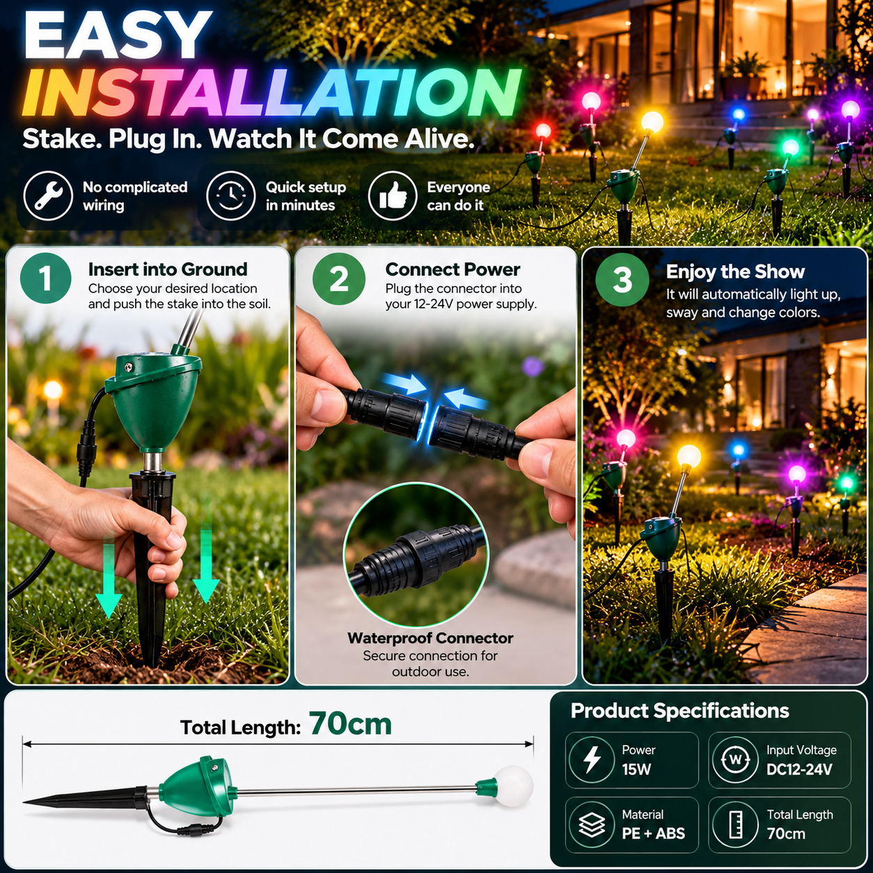 Kinetic garden light ground stake installation