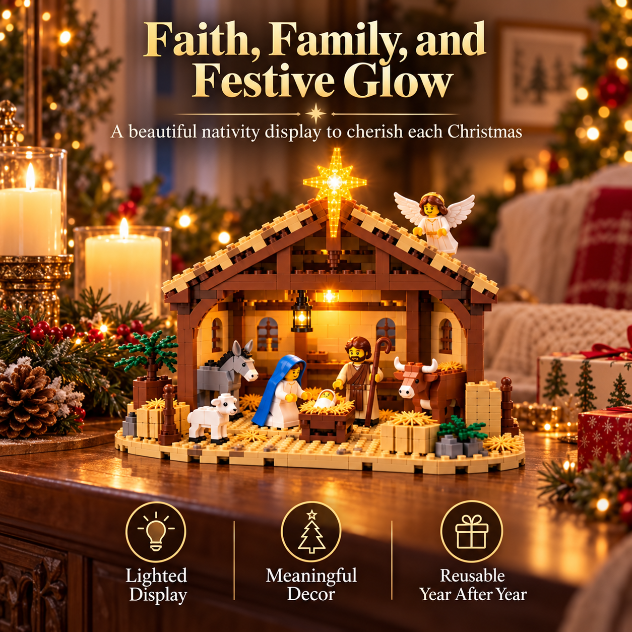 Finished nativity building set styled for Christmas home decor