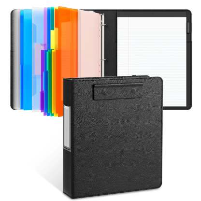 PU Leather Clipboard with Storage – 3-Ring Binder, Magnetic Clip, Removable Notepad & Expanding File