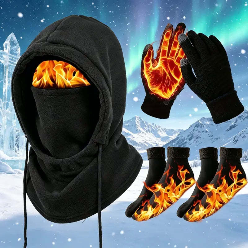4-Piece Winter Thermal Set – Windproof Balaclava, Gloves & Warm Socks