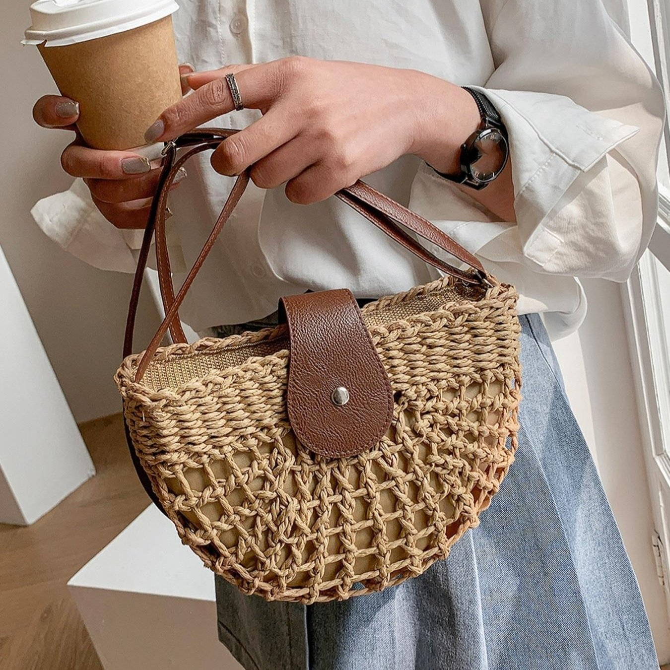 Women's Boho Semicircular Shape Hollow out Straw Bag