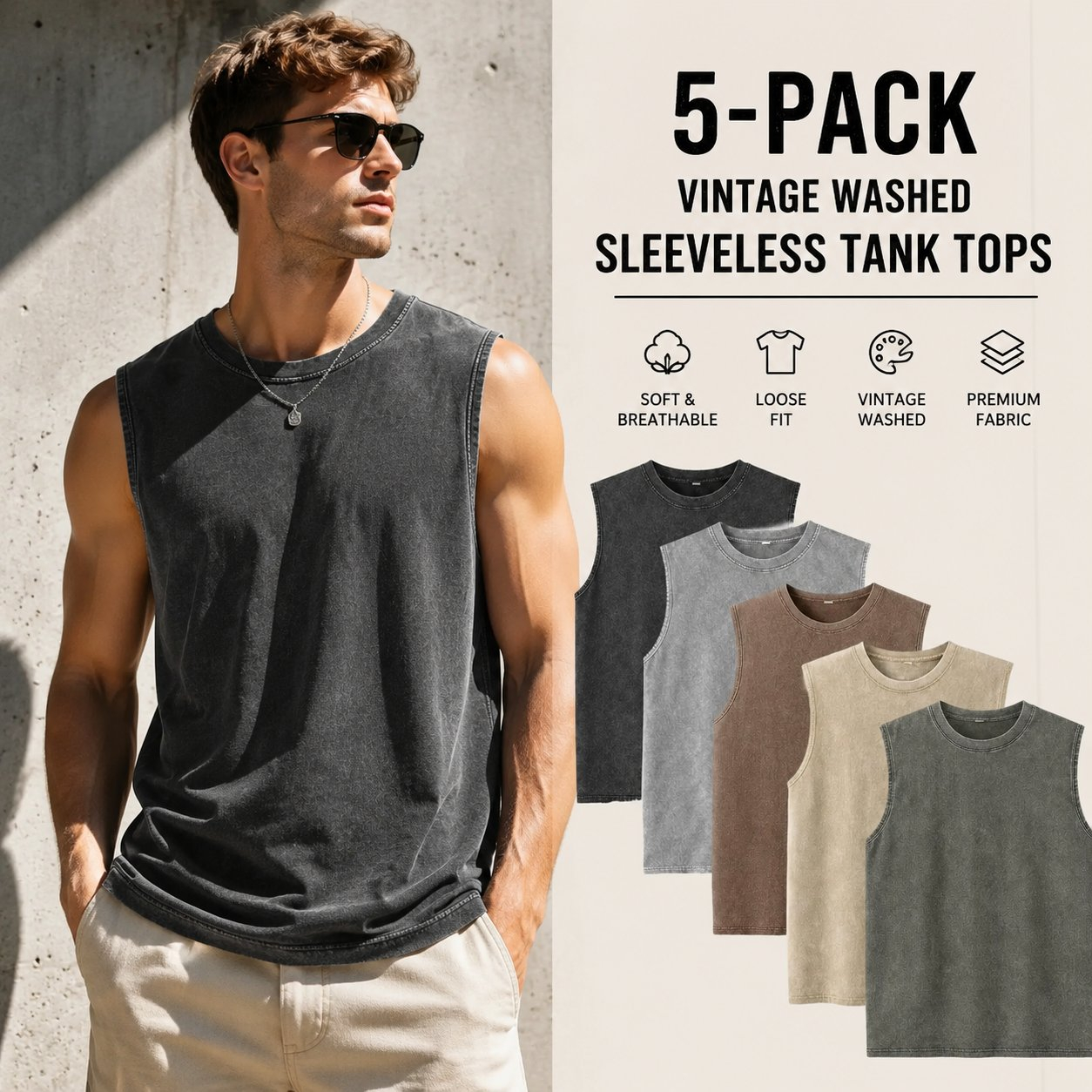Men's 5-Pack Vintage Washed Sleeveless Tank Tops(5 Pack, 4XL)