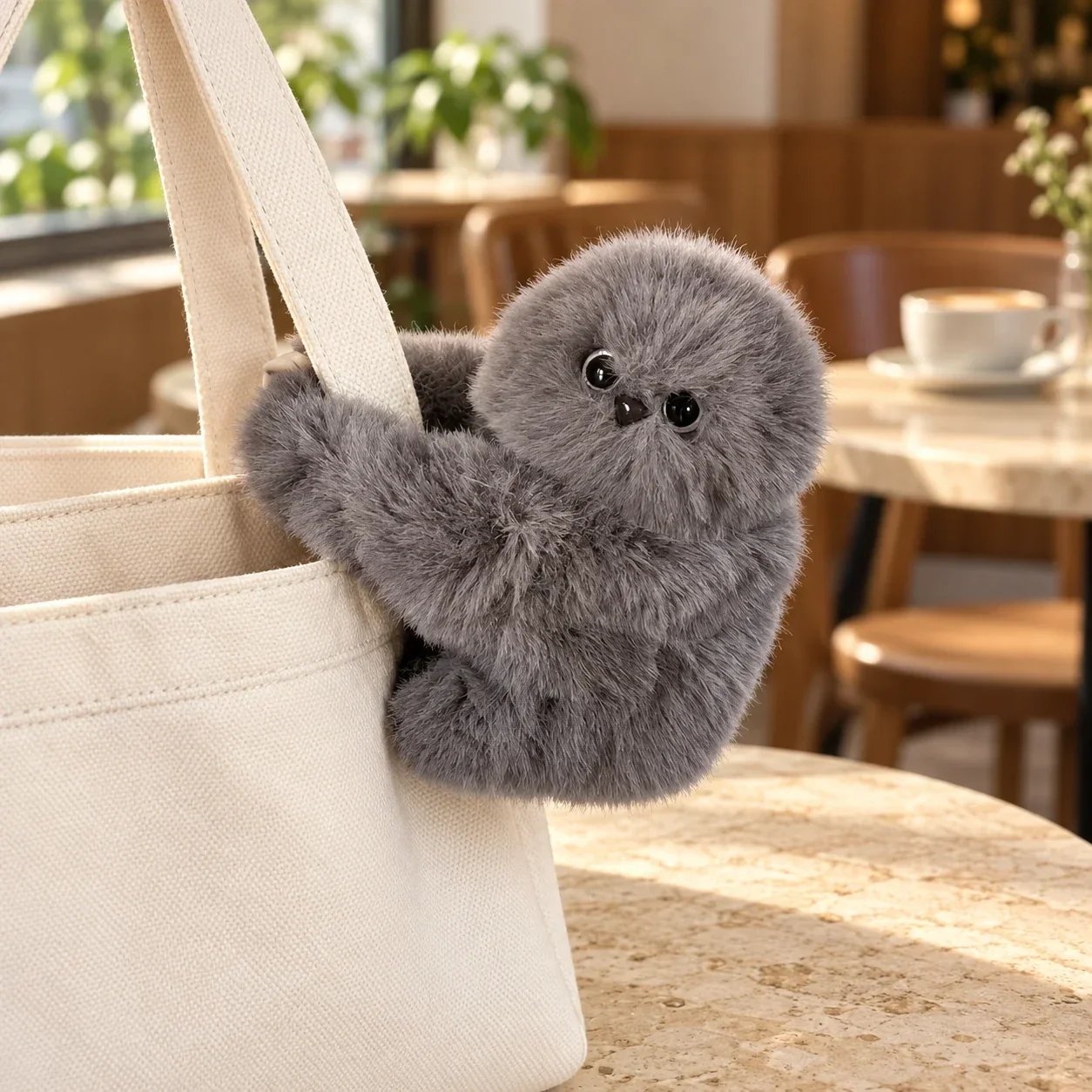Grey Mirumi hanging from a tote bag