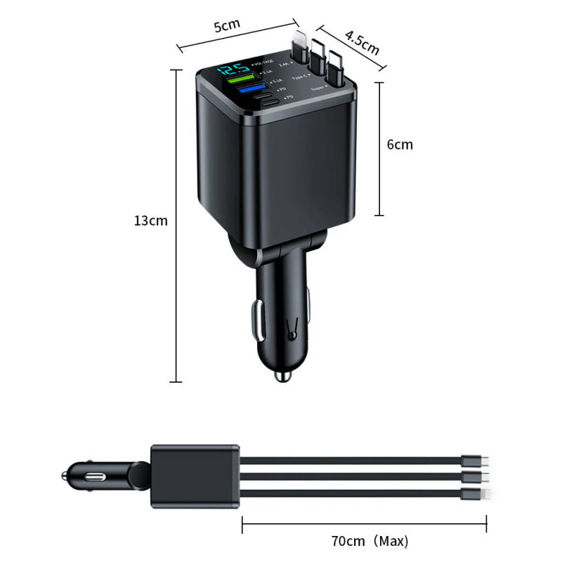 7-in-1 Retractable Fast Car Charger with Voltage Display – USB-C, Fast Charging & Essential for Daily Use