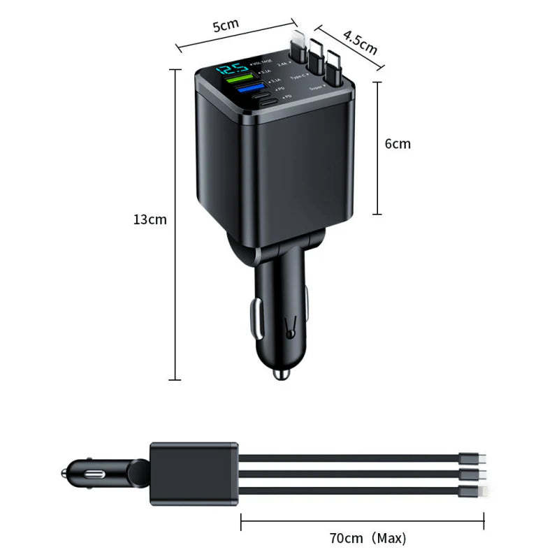 7-in-1 Retractable Fast Car Charger with Voltage Display – USB-C, Fast Charging & Essential for Daily Use