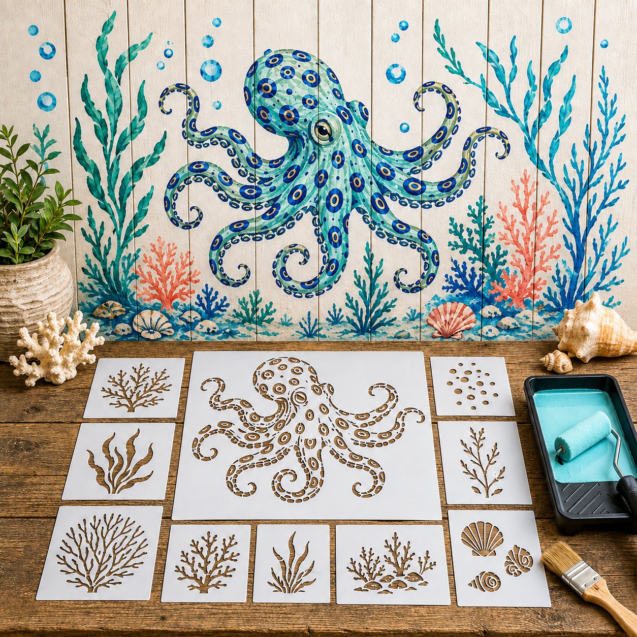 Reusable Ocean Octopus Mural Stencil Set | Bring Plain Walls & Fences to Life with a Bold Underwater Scene