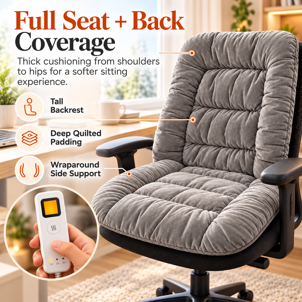 Full view of the heated office chair cushion showing the tall quilted backrest and matching padded seat