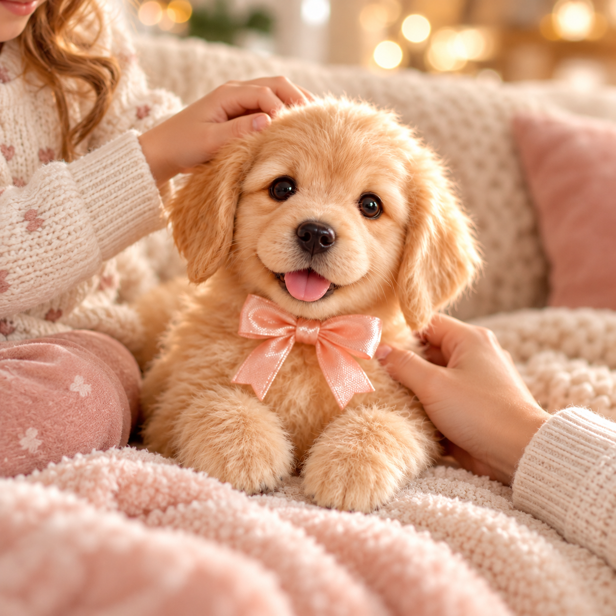 Person interacting with Golden Buddy robot Golden Retriever puppy