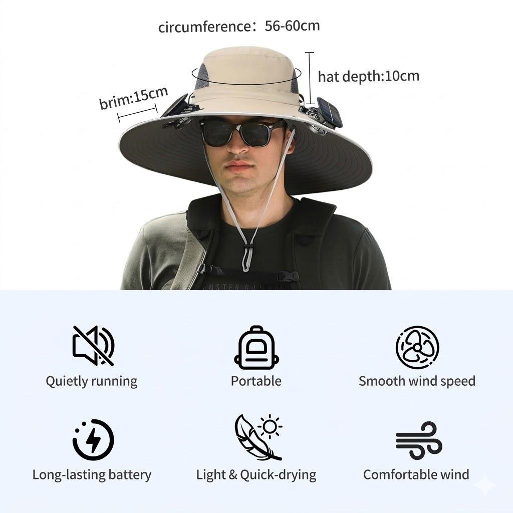 2026 New 3-Solar-Fan Cooling Hat — UPF50+ Sun Protection, Triple-Power Rechargeable, & Water-Resistant