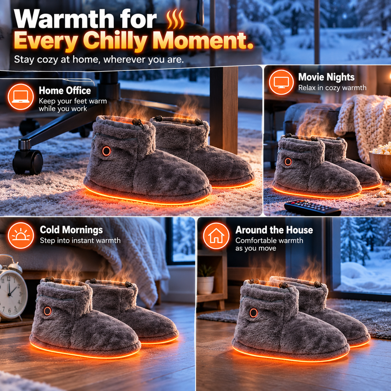 Heated boots used at a home office, during movie nights, cold mornings and around the house