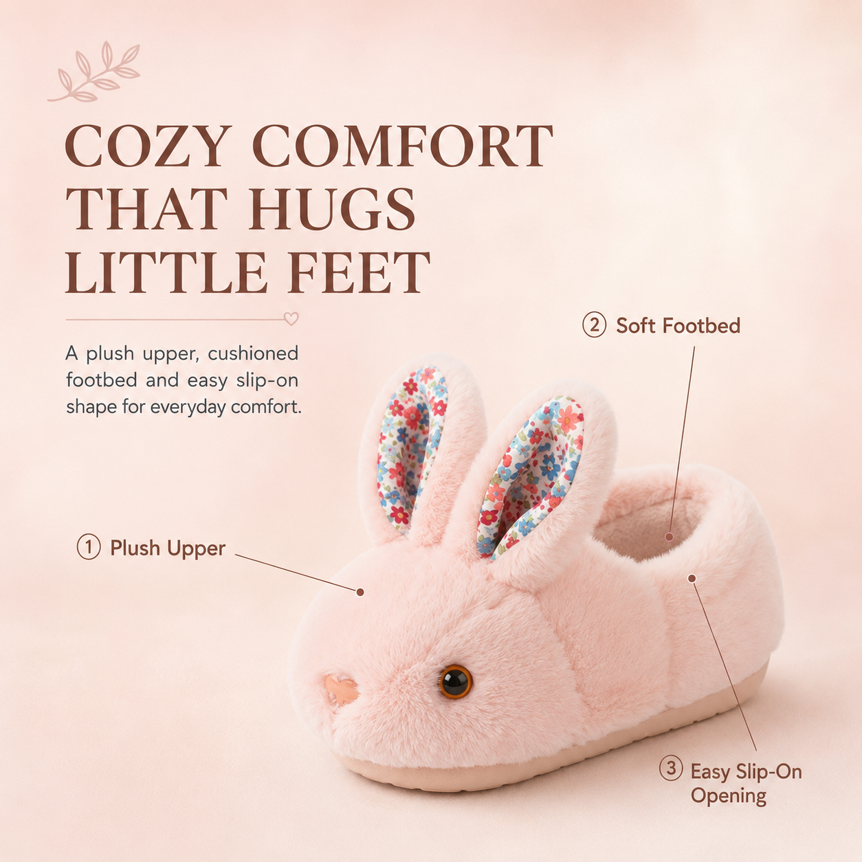 Cozy Bunny House Slippers for Kids – Plush 3D Ears, Floral Details & Textured Indoor Sole