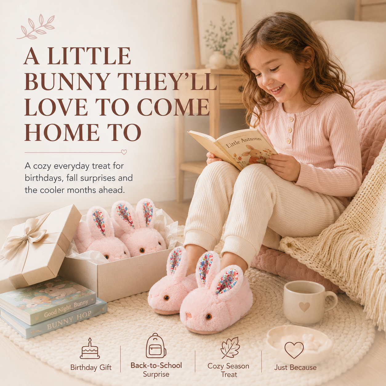 Cozy Bunny House Slippers for Kids – Plush 3D Ears, Floral Details & Textured Indoor Sole