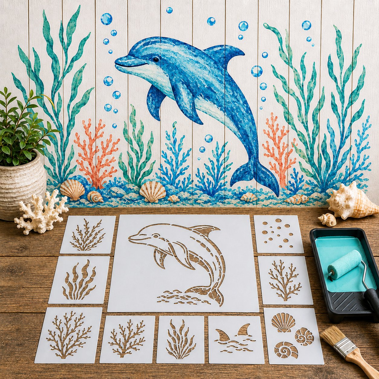 Reusable Ocean Octopus Mural Stencil Set | Bring Plain Walls & Fences to Life with a Bold Underwater Scene