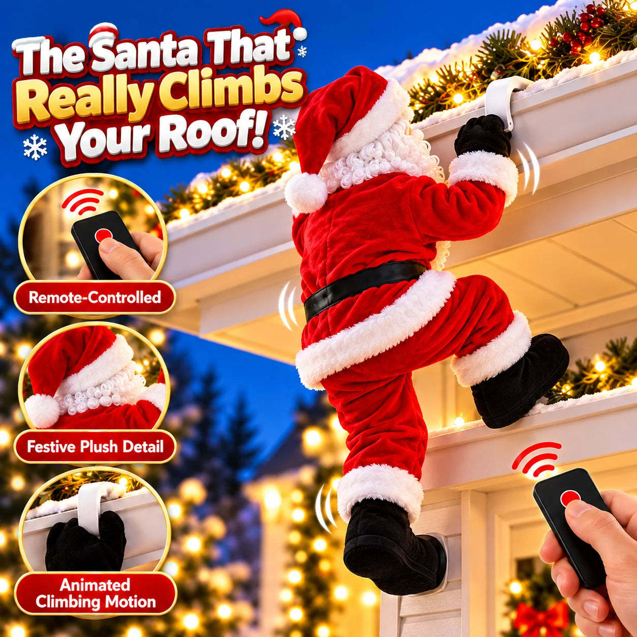 Remote-Controlled Climbing Santa – Animated Christmas Roof & Gutter Hanging Decoration | Watch Santa Try to Climb Your Roof
